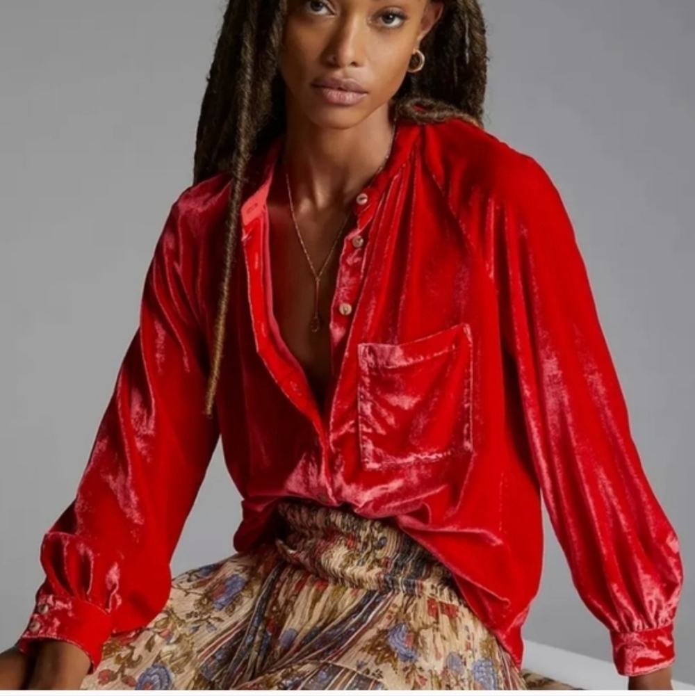 Anthropologie Pilcro Puff-Sleeved Velvet Buttondown Red‎ / Rouge  Size Medium MP - Picture 2 of 16